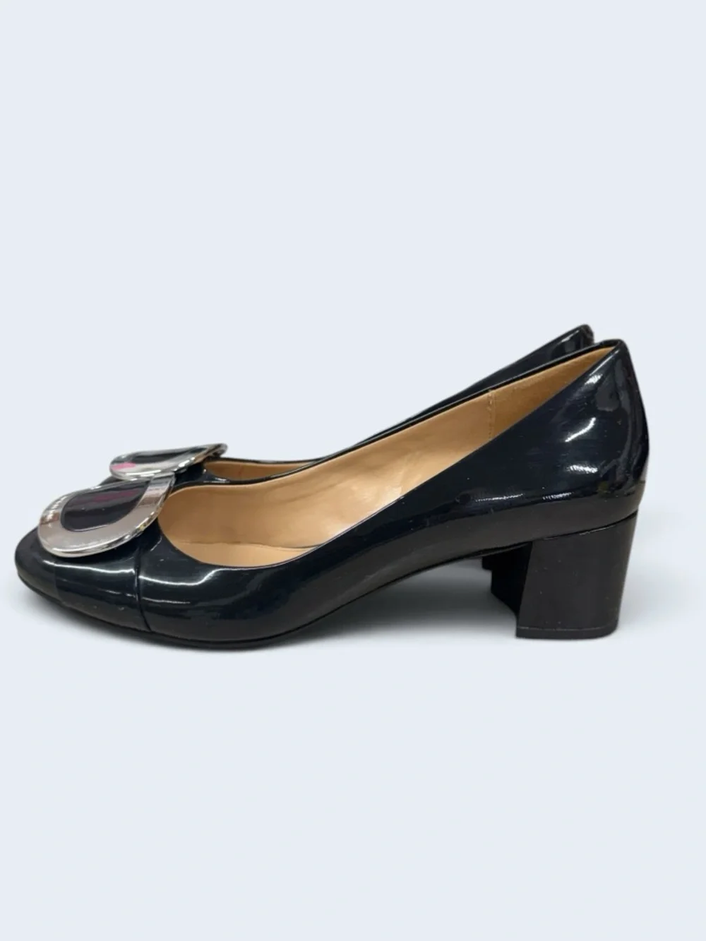 Michael Kors Black Patent Block Heel Pumps with Silver Buckle Size 7.5
